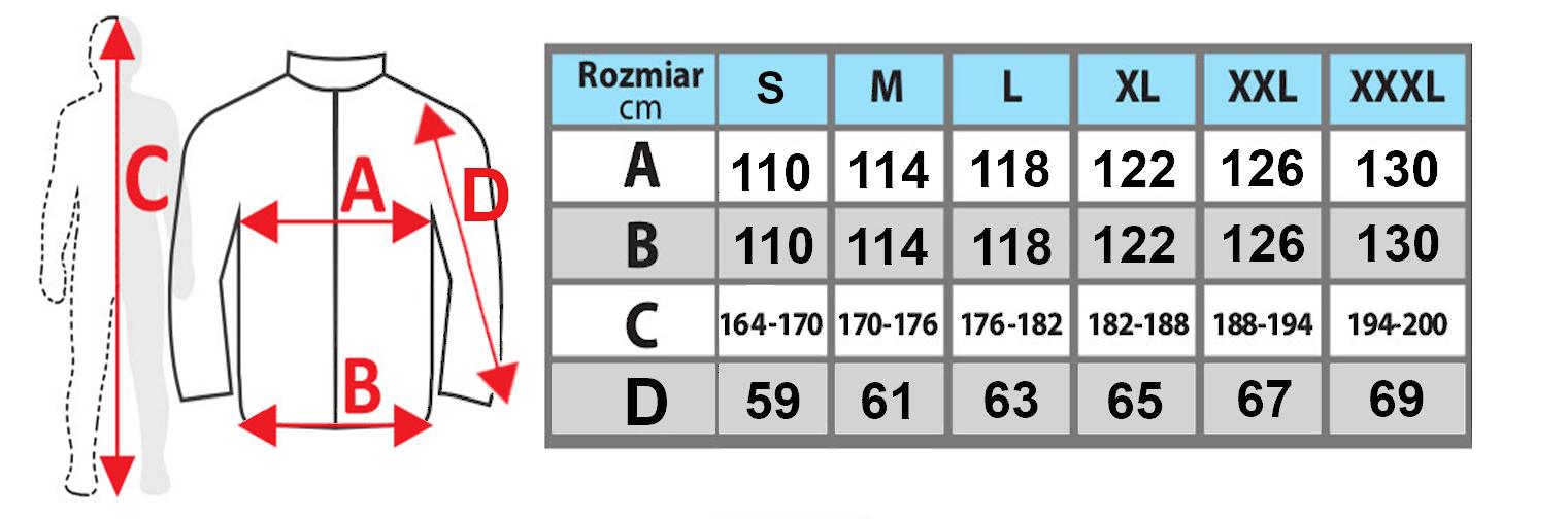 Size chart for DEDRA health and safety clothing