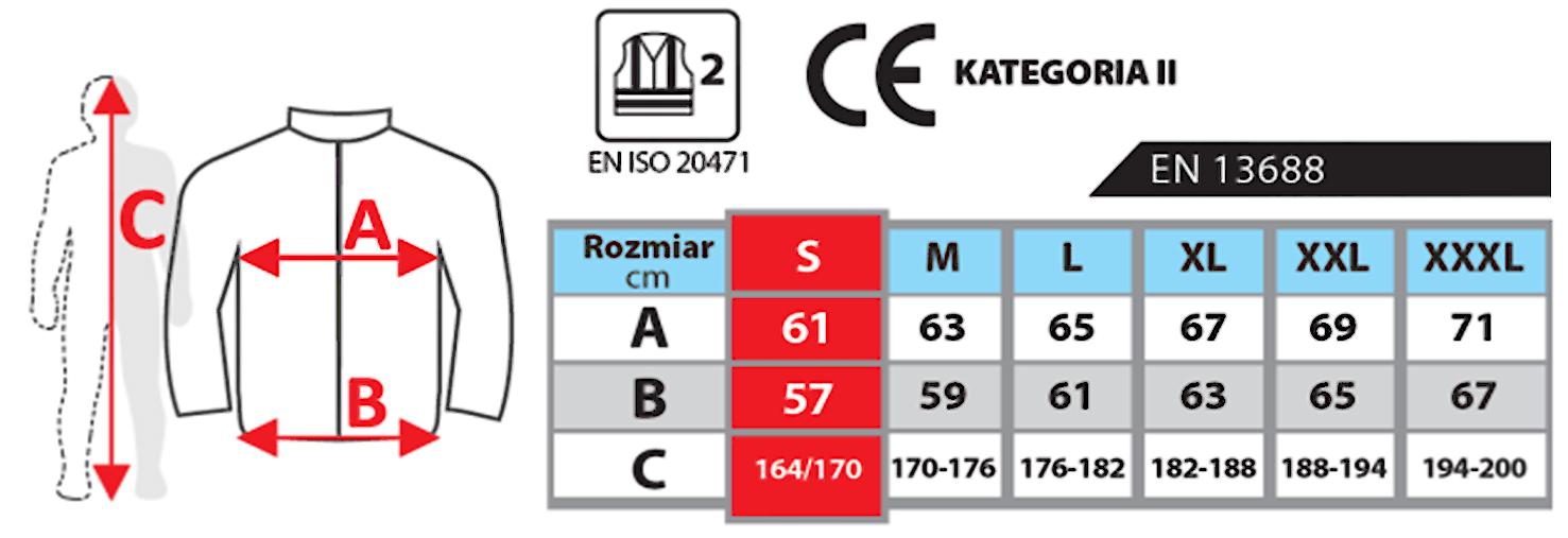 Size chart for DEDRA health and safety clothing