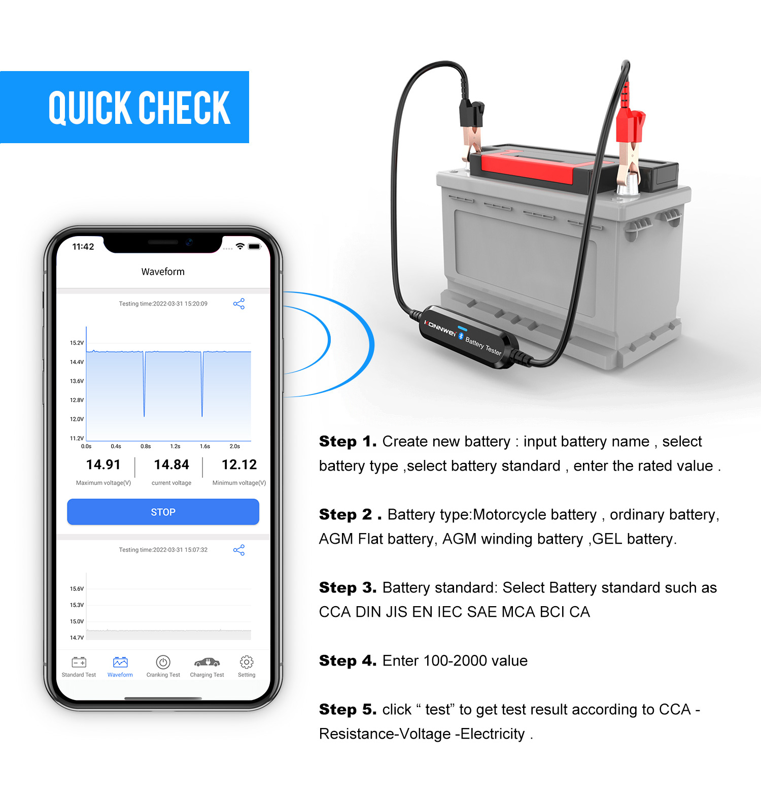 Bluetooth tester batérií Konnwei BK100